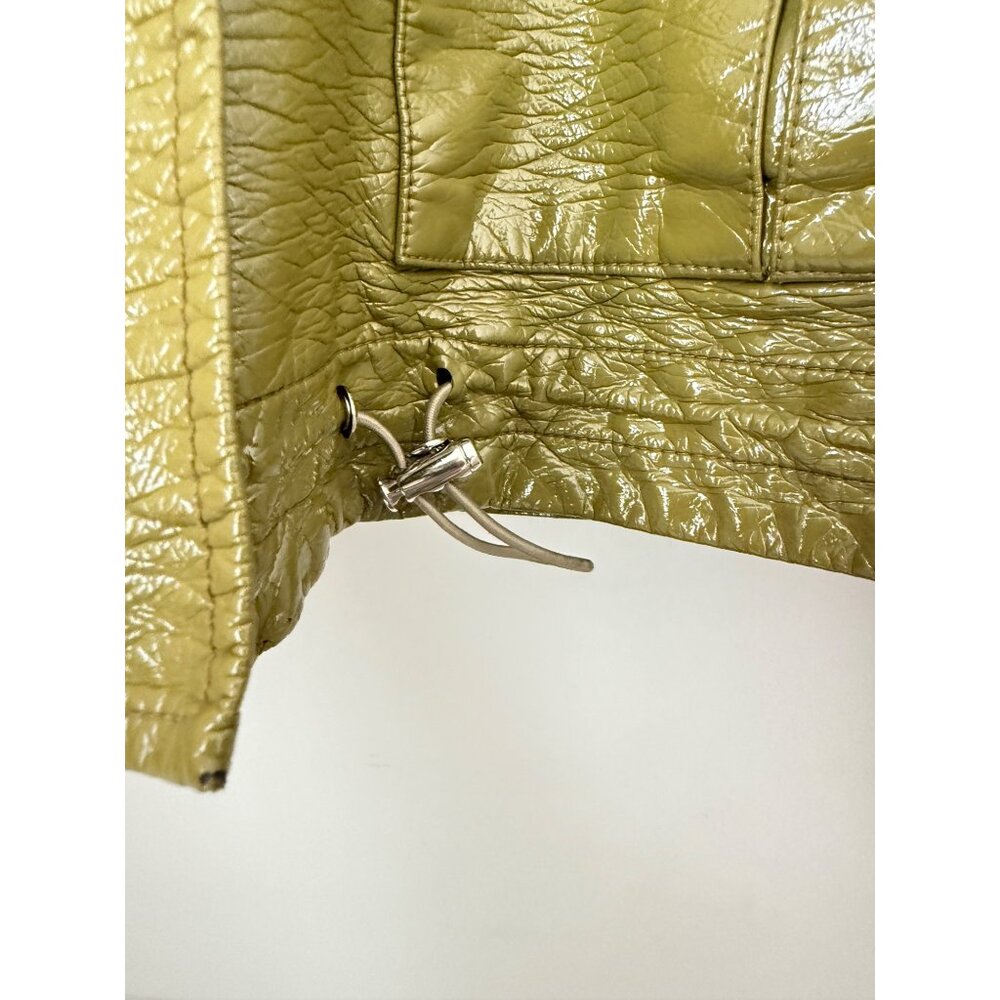 Narcissus Olive Green Faux Leather Hooded Jacket w/ Zip Closure & Drawstring Hem - Picture 6 of 12